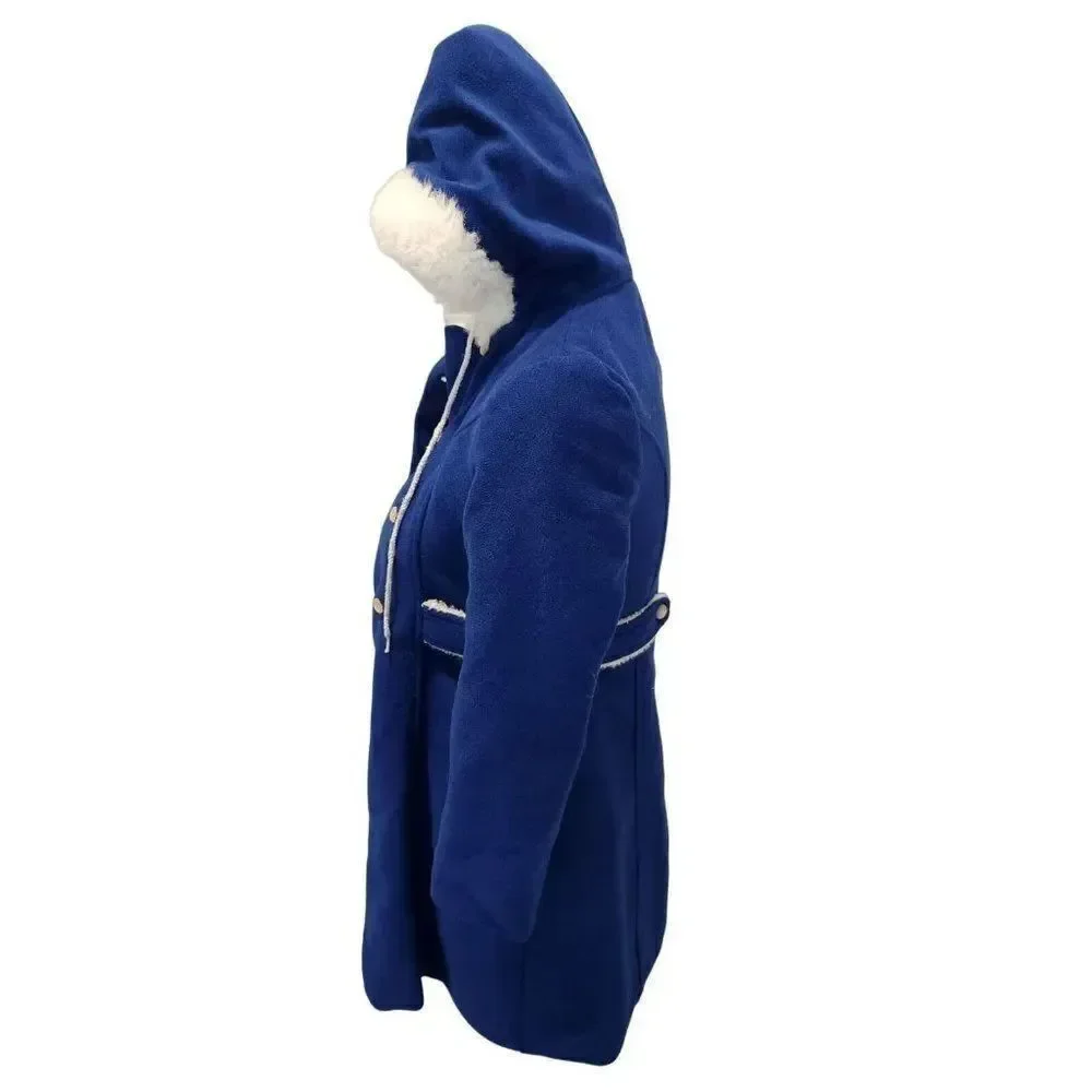 Ellerie Fashion Vintage 70s Blue Dress Coat Faux Fur Hood Girls M